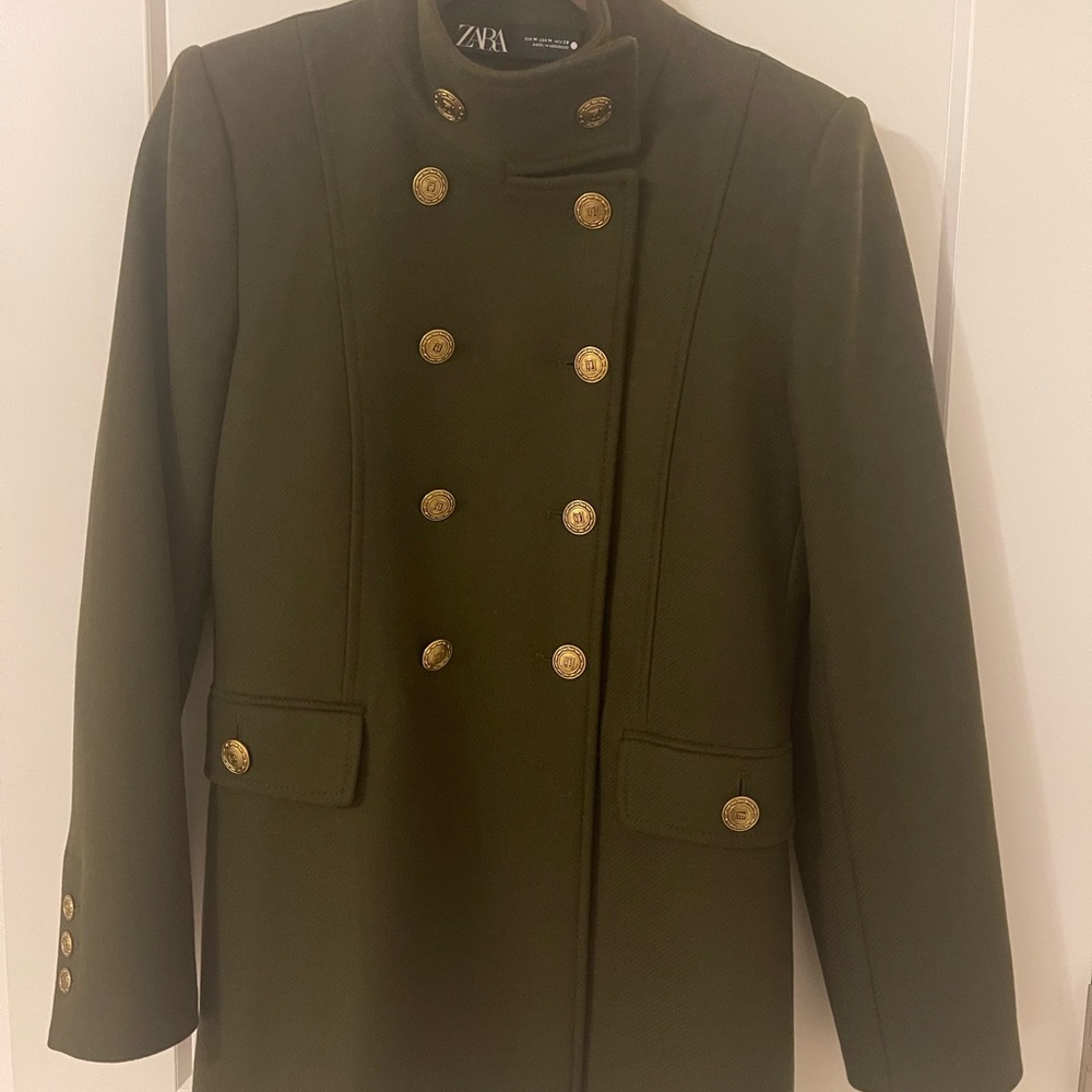Zara Women's Green Double-Breasted Pea Coat